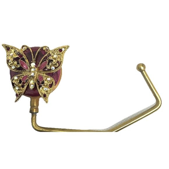 BLING BUTTERFLY PURSE BAG HOOK HOLDER GOLD BURGUNDY FOLDING HANDBAG TABLE HANGER - Picture 3 of 4